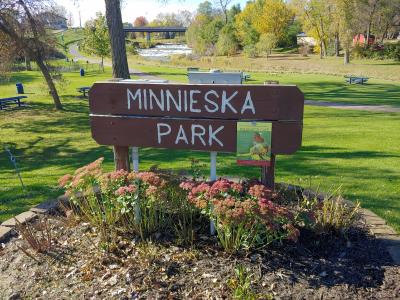 Minnieska Park Sign and Pollinator Garden